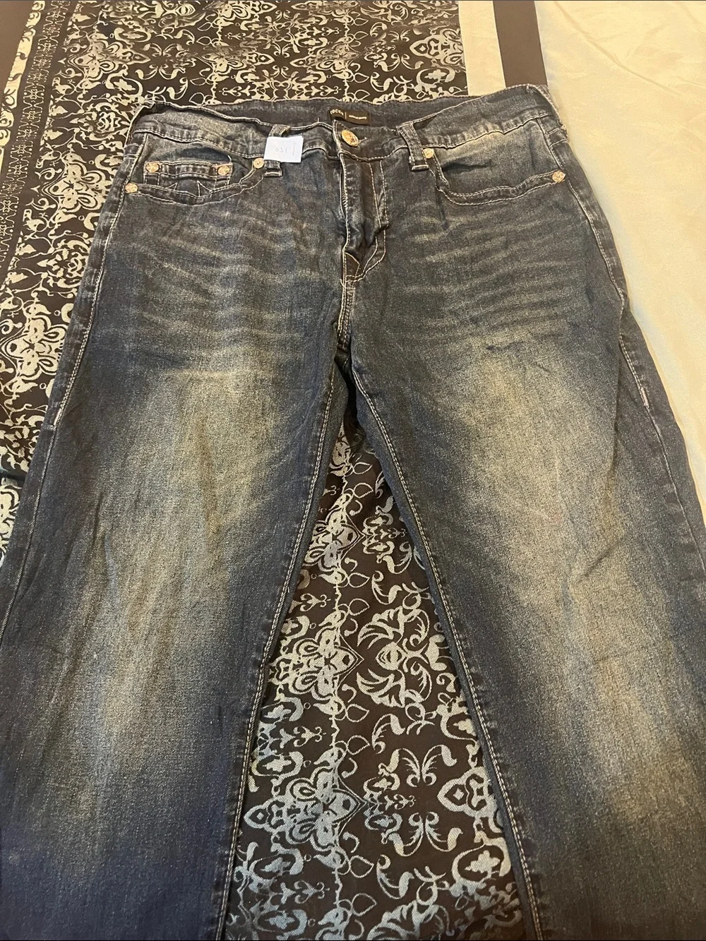 True Religion ROCCO faded dark blue jeans with whiskering